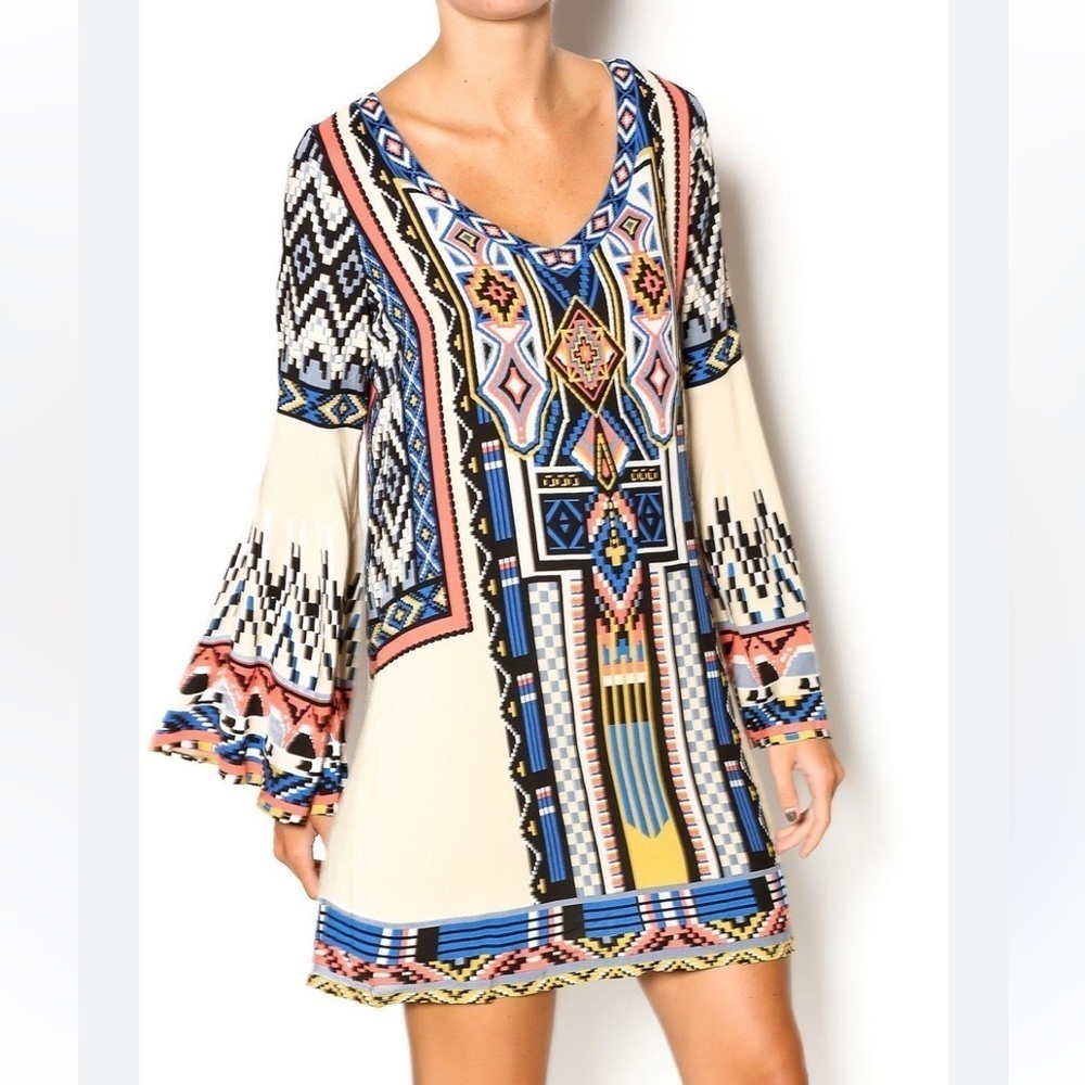 NWOT Flying Tomato Aztec Navajo Mini Dress w/ Bell Sleeves V-Neck Multicolored